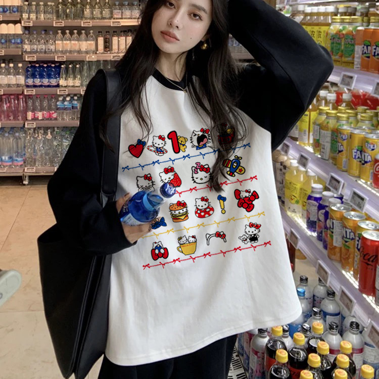美式卡通kt凯蒂猫拼色长袖T恤女