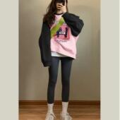 加厚新款 拼接复古潮牌插肩圆领加绒卫衣女纯棉大码 胖MM秋冬季 外套