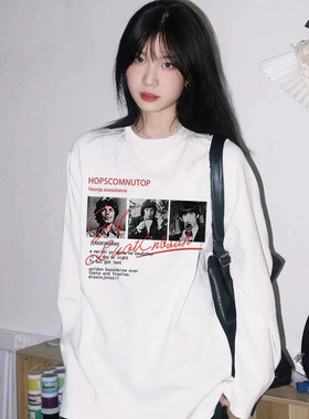 秋季大码纯棉长袖T恤男女胖MM240斤复古港味ins潮牌宽松圆领内搭