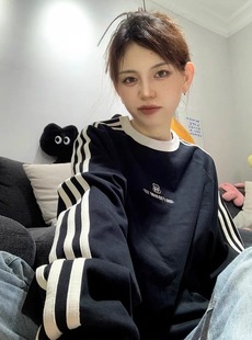 情侣 薄款 欧美街头潮牌复古三条杠插肩拼接大码 圆领卫衣女胖MM秋季