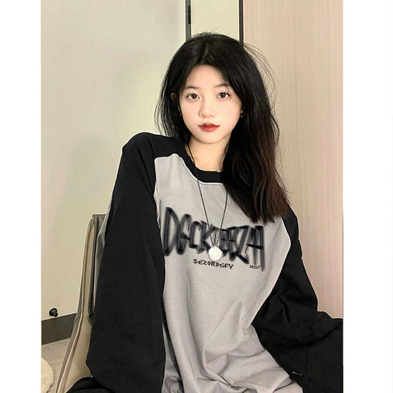 长袖复古重磅T恤oversize纯棉女