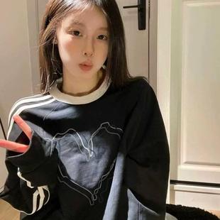 美式复古三条杠加绒纯棉女卫衣大码无帽宽松慵懒长袖套头上衣圆领