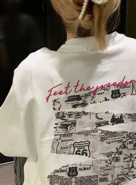 特大码重磅纯棉短袖T恤女胖mm美式复古报纸风bf白色情侣上衣ins潮