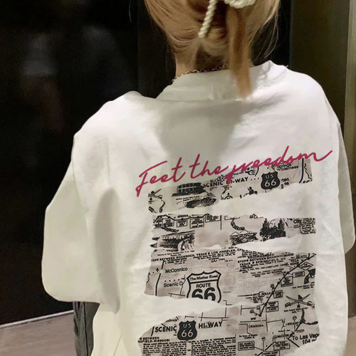 特大码复古报纸风bf短袖T恤女