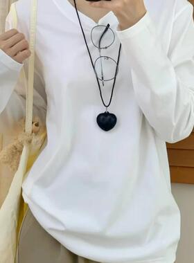 秋冬季简约白色宽松大码长袖T恤女纯色正肩上衣打底衫百搭ins显瘦