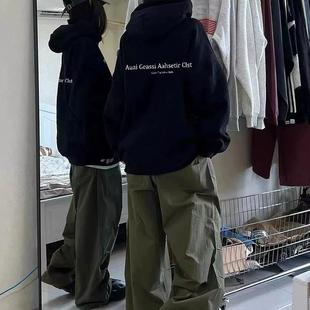 黑色oversize情侣装秋冬季连帽卫衣男女加绒慵懒国潮爆款大码外套