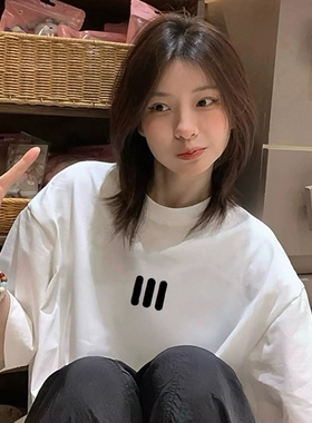 美式夏季短袖重磅纯棉白色t恤女宽松慵懒风设计感小众上衣情侣装