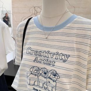 拼色条纹短袖 ins 女刺绣撞色圆领上衣超大码 250斤学院风休闲女半袖