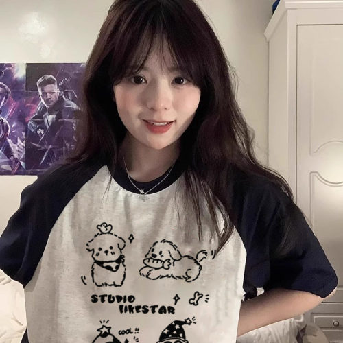 纯棉大码插肩袖短袖美式T恤女