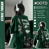 半袖 纯棉oversize宽松上衣日系大码 胖MM遮肉墨绿色超显白 上衣潮