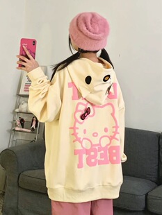 可爱卡通凯蒂猫开衫拉链连帽卫衣女秋季大码胖MM奶味外套刺绣发泡