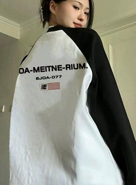 美式街头拼色重磅纯棉长袖T恤女秋冬新款大码正肩韩系内搭ins上衣