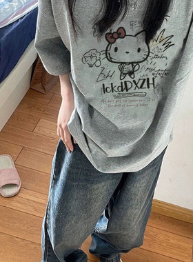 夏季大码HelloKitty卡通短袖T恤女胖MM纯棉情侣ins正肩浅灰色上衣
