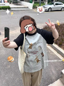 T恤女胖MM正肩半袖 特大码 纯棉短袖 上衣复古猫咪遮肉显瘦拼色情侣