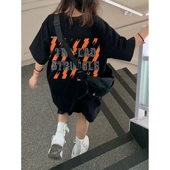 街头风大码 短袖 T恤男女韩版 美式 宽松100%纯棉字母中长款 胖MM上衣