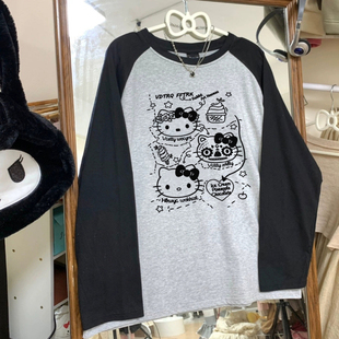 打底衫 240斤胖MM插肩袖 上衣服 T恤女大码 日系复古kitty猫纯棉长袖