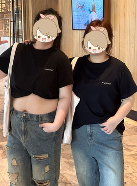 纯棉简约T恤女大码胖MM夏季2025新款圆领港味ins半袖慵懒风bf上衣