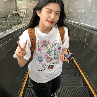 oversize纯棉半袖 t恤女夏季 ins上衣 韩系chic小众可爱卡通短袖 大码