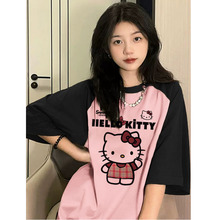 大码短袖T恤女装夏季可爱Kitty猫宽松遮肉半袖胖mm插肩袖拼接上衣