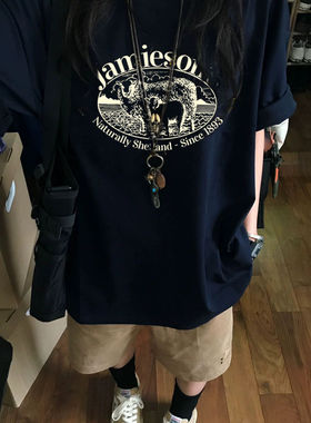 美式复古oversize纯棉T恤女大码