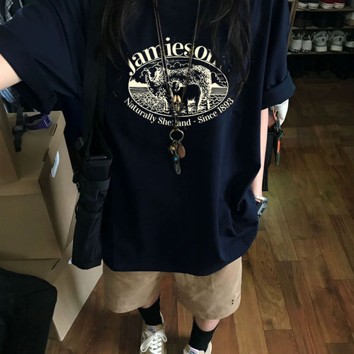 美式复古oversize纯棉T恤女大码