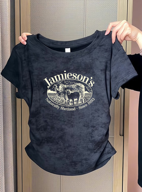 正肩T恤女扎染复古牧羊纯棉大码短袖辣妹褶皱晕染韩系chic短上衣