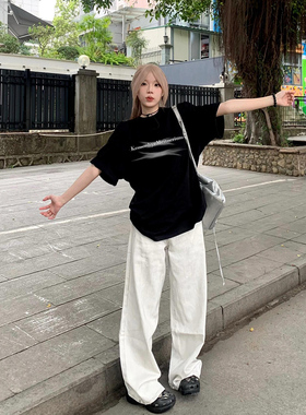 重磅纯棉T恤女夏季大码韩系潮牌字母复古美式oversize设计感别致