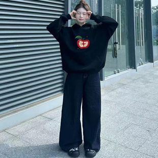 秋冬复古苹果刺绣连帽卫衣女大码 300斤胖MM宽松黑色百搭oversize