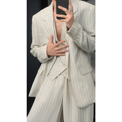 龙叨叨2026春季新品简约高级感亚麻西装老钱风马甲宽松西裤套装