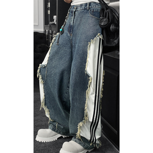 龙叨叨2026春季新品小众高级拼接条纹设计美式复古牛仔裤高街潮男