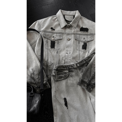 龙叨叨秋季新品重磅小众水洗做旧渐变牛仔夹克套装男休闲外套长裤