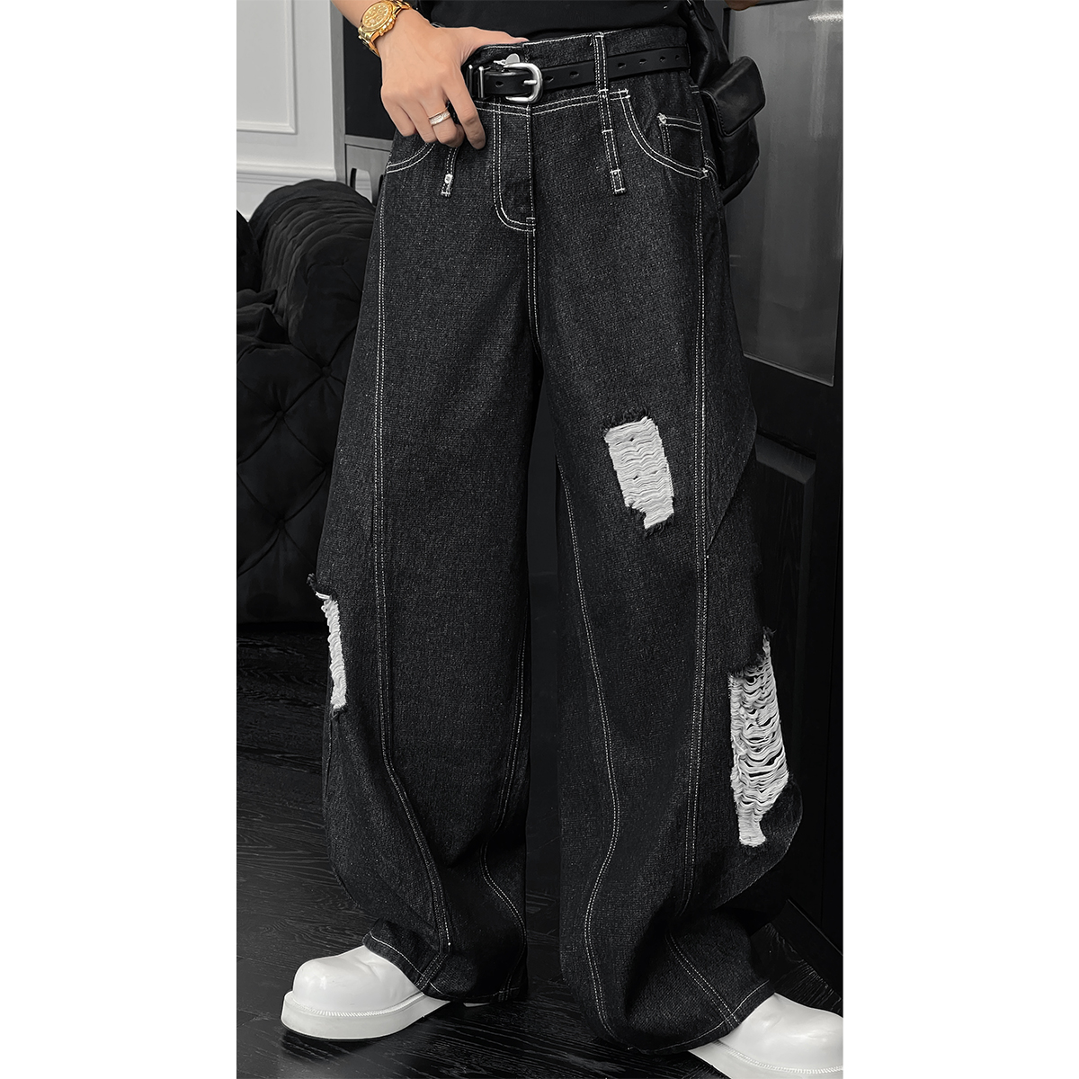 龙叨叨春夏新品原创设计款水洗破洞牛仔裤男美式高街休闲弯刀长裤