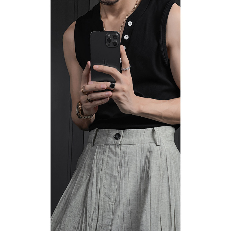 龙叨叨2024新品美式修身夏季纽扣个性亨利领背心帅气无袖上衣男