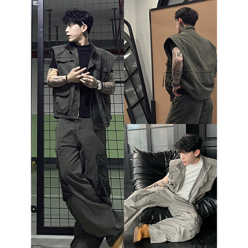 龙叨叨夏季新款潮流美式复古工装阔肩立领马甲宽松弯刀长裤套装男