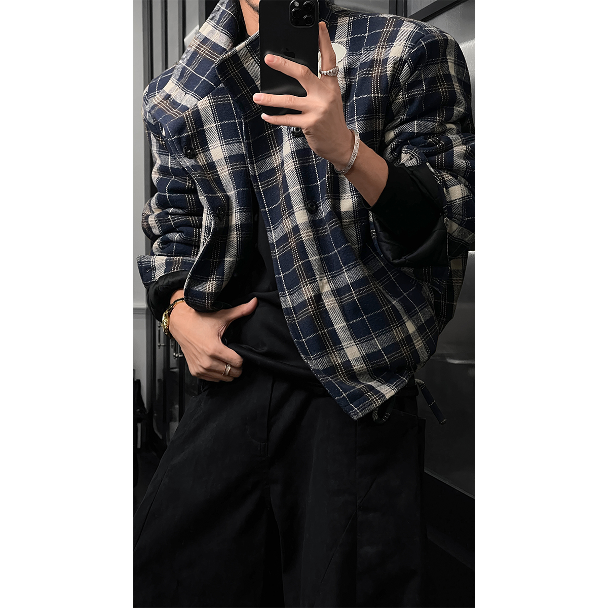 龙叨叨秋冬新品潮流复古格纹拼接正反两面穿棉服百搭宽松夹克外套