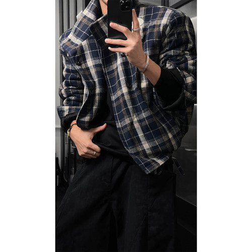 龙叨叨秋冬新品潮流复古格纹拼接正反两面穿棉服百搭宽松夹克外套
