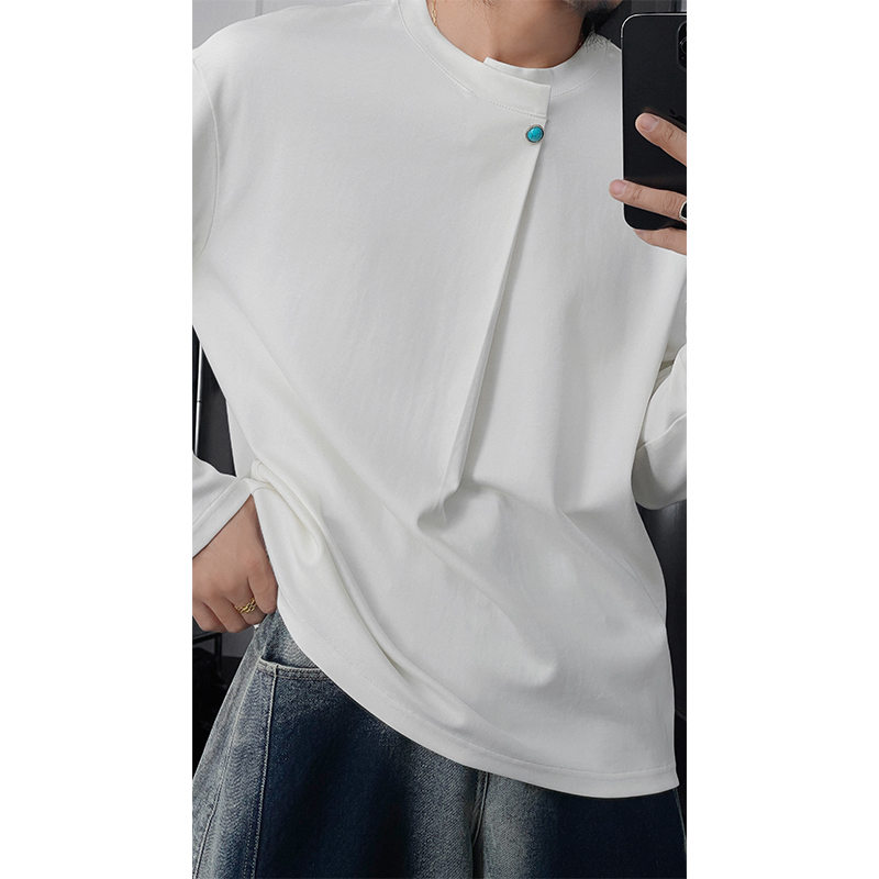 龙叨叨2025春季新品褶皱设计款简约纯色长袖T恤男圆领百搭上衣潮
