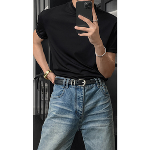龙叨叨夏季新款潮流美式运动透气高级感廓形百搭半高领短袖T恤