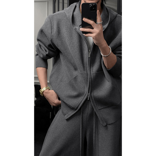 龙叨叨秋冬新品重磅简约运动休闲宽松百搭连帽针织卫衣长裤套装男