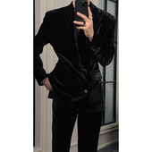 龙叨叨秋季 套装 新款 潮流复古英伦风高级感绒面廓形西服西裤