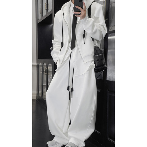 龙叨叨2025春季新品重磅美式高街连帽卫衣套装男休闲开衫外套卫裤