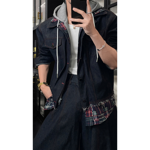 龙叨叨26春季新品原创设计师款假两件拼接连帽牛仔夹克长裤套装男