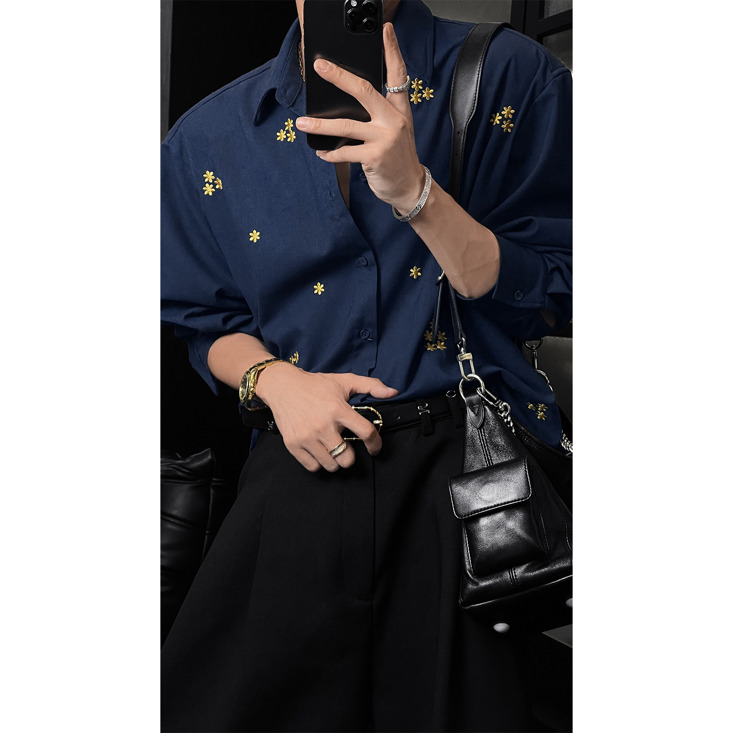 龙叨叨夏季新款潮流复古高级感刺绣碎花设计宽松百搭长袖衬衫