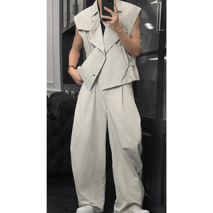 龙叨叨夏季新品美式复古小众设计感翻领马甲套装宽松休闲工装裤男