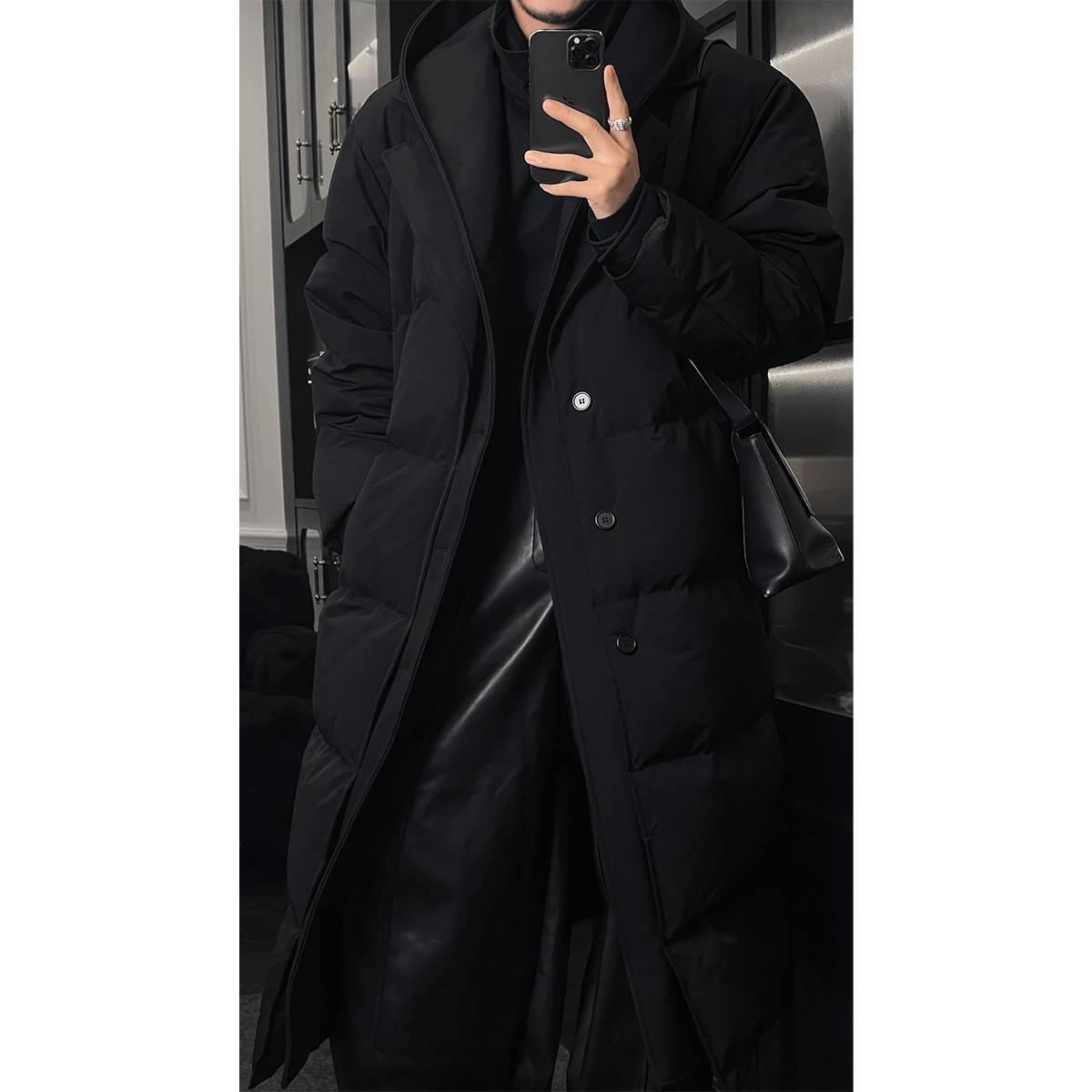 龙叨叨冬季新品复古设计感双领连帽百搭宽松保暖长款羽绒服大衣