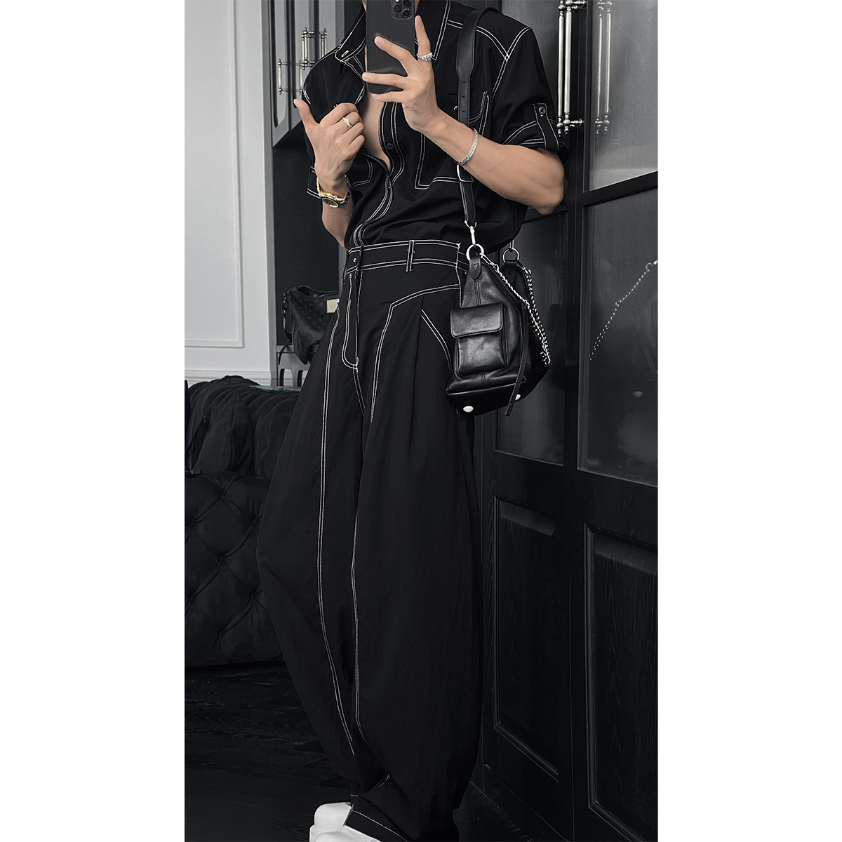 龙叨叨夏季新款潮流复古工装口袋明线设计感百搭衬衫宽松长裤套装