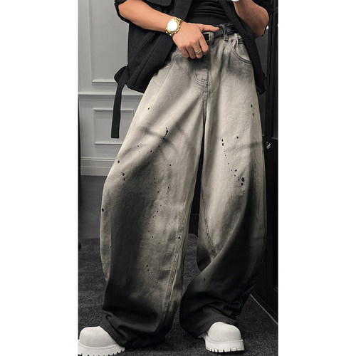 龙叨叨秋季新款潮流复古渐变泼墨小众宽松弯刀百搭牛仔裤男长裤子