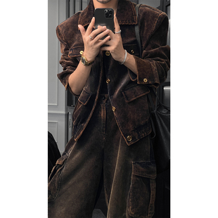 龙叨叨秋季新款原创美式复古设计感夹克套装潮流宽松休闲外套长裤