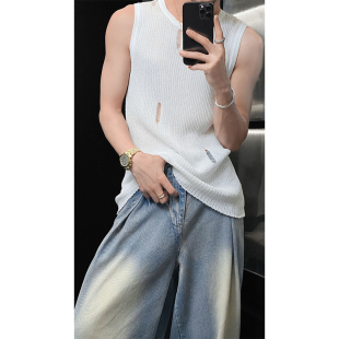 上衣 潮流镂空破洞针织背心宽松设计感休闲百搭无袖 龙叨叨夏季 新款