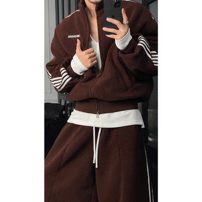 龙叨叨冬季新品美式复古运动条纹摇粒绒百搭立领外套宽松长裤套装